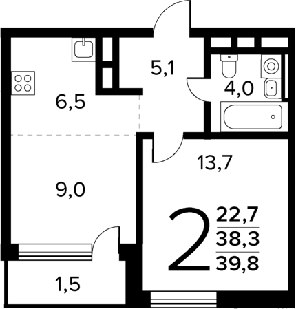 Планировка — Новые Ватутинки Квартал у реки, 2-комн., 38 м²