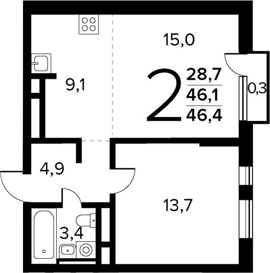 Планировка — Новые Ватутинки Квартал у реки, 2-комн., 46 м²