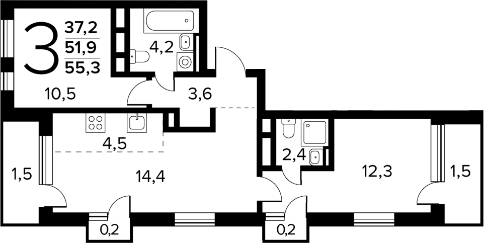 Планировка — Новые Ватутинки Квартал у реки, 3-комн., 52 м²