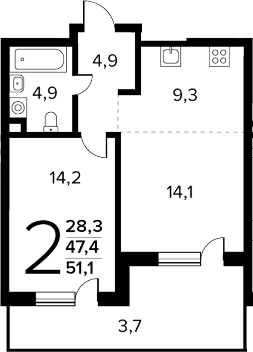 Планировка — Новые Ватутинки Квартал у реки, 2-комн., 47 м²