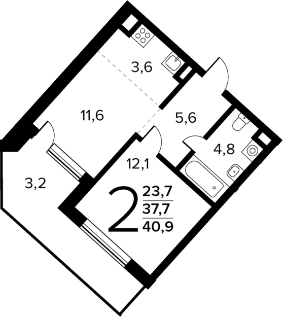 Планировка — Новые Ватутинки Квартал у реки, 2-комн., 38 м²