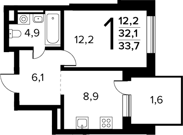 Планировка — Новые Ватутинки Квартал у реки, 1-комн., 32 м²