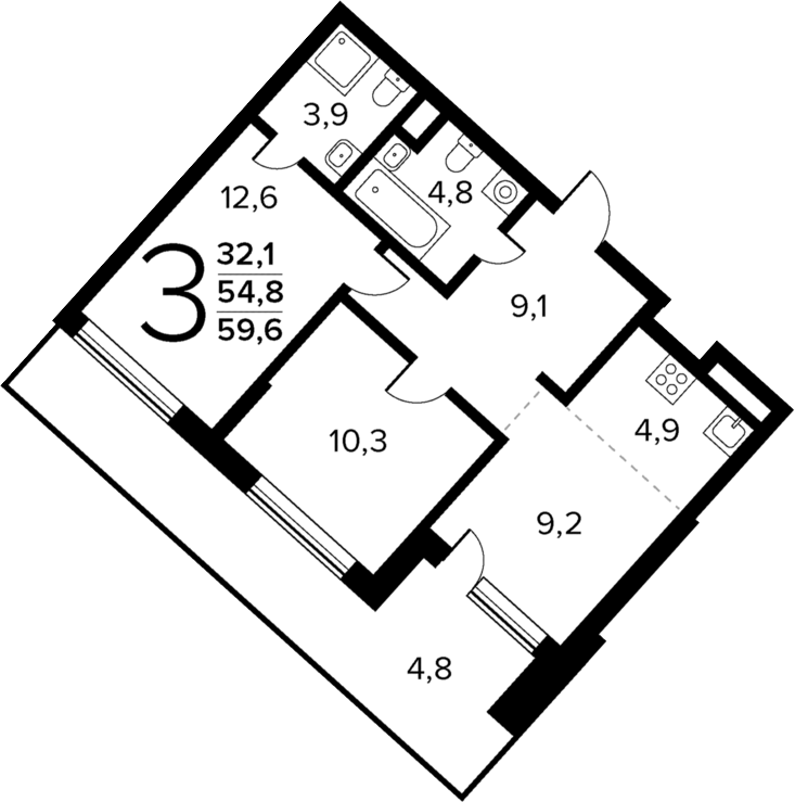 Планировка — Новые Ватутинки Квартал у реки, 3-комн., 55 м²