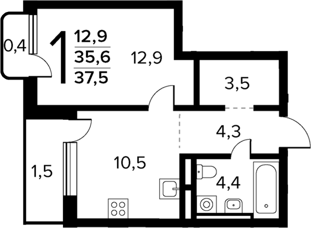 Планировка — Новые Ватутинки Квартал у реки, 1-комн., 36 м²