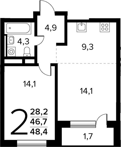 Планировка — Новые Ватутинки Квартал у реки, 2-комн., 47 м²