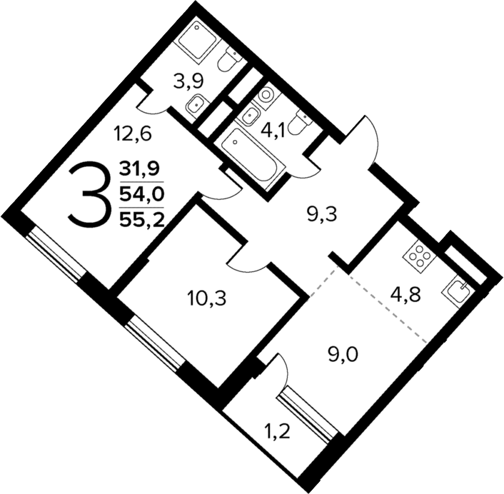 Планировка — Новые Ватутинки Квартал у реки, 3-комн., 54 м²