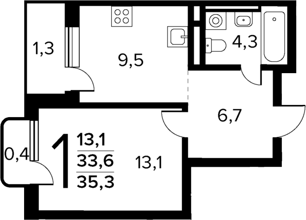 Планировка — Новые Ватутинки Квартал у реки, 1-комн., 34 м²
