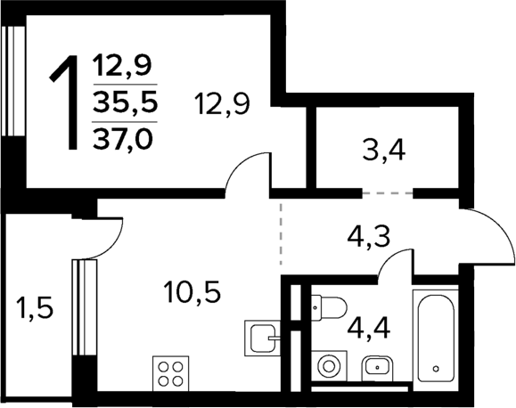Планировка — Новые Ватутинки Квартал у реки, 2-комн., 36 м²