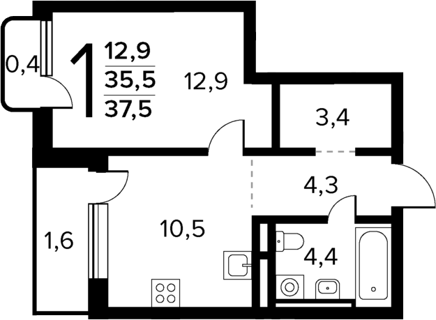 Планировка — Новые Ватутинки Квартал у реки, 2-комн., 36 м²