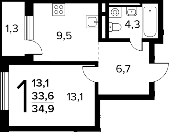 Планировка — Новые Ватутинки Квартал у реки, 1-комн., 34 м²