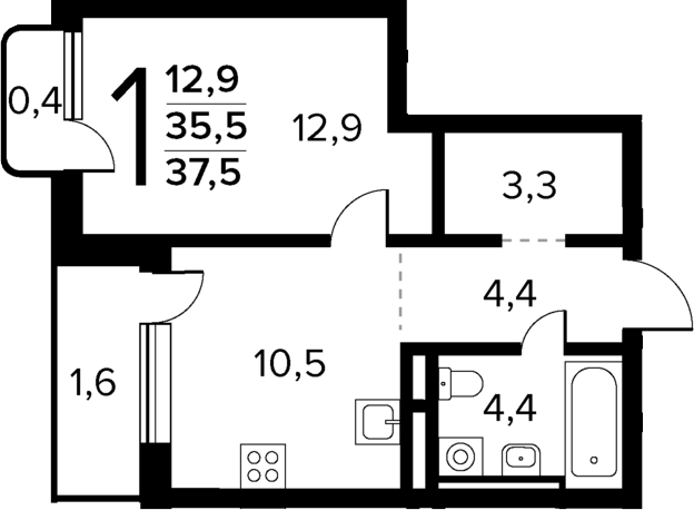 Планировка — Новые Ватутинки Квартал у реки, 2-комн., 36 м²