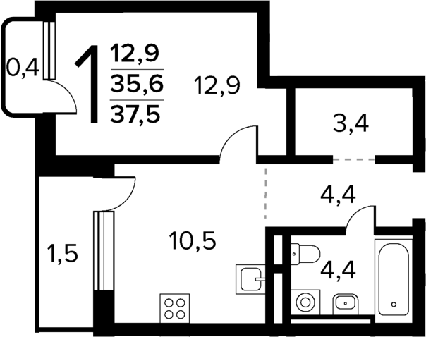 Планировка — Новые Ватутинки Квартал у реки, 1-комн., 36 м²