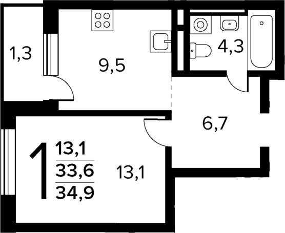 Планировка — Новые Ватутинки Квартал у реки, 1-комн., 34 м²