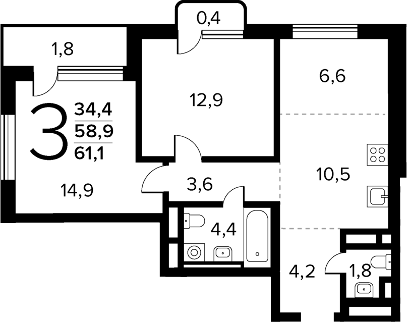 Планировка — Новые Ватутинки Квартал у реки, 3-комн., 59 м²