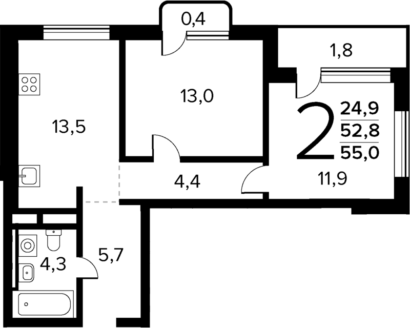 Планировка — Новые Ватутинки Квартал у реки, 2-комн., 53 м²
