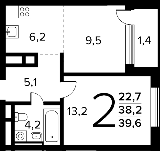 Планировка — Новые Ватутинки Квартал у реки, 2-комн., 38 м²