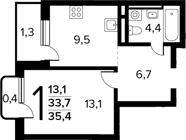 Планировка — Новые Ватутинки Квартал у реки, 1-комн., 34 м²