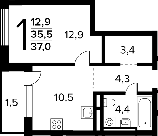 Планировка — Новые Ватутинки Квартал у реки, 1-комн., 36 м²
