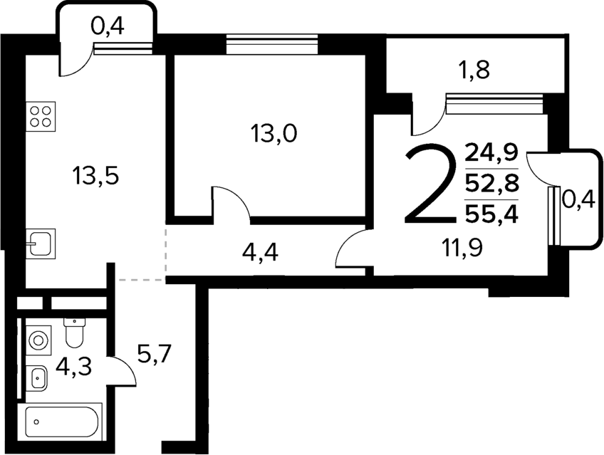 Планировка — Новые Ватутинки Квартал у реки, 2-комн., 53 м²