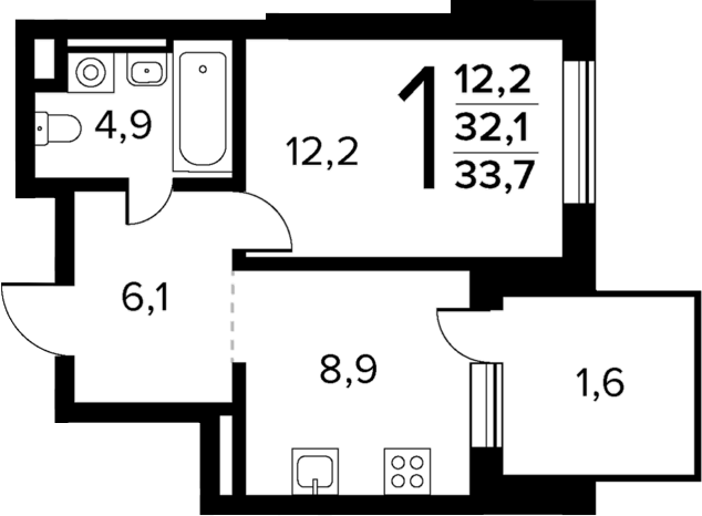Планировка — Новые Ватутинки Квартал у реки, 1-комн., 32 м²