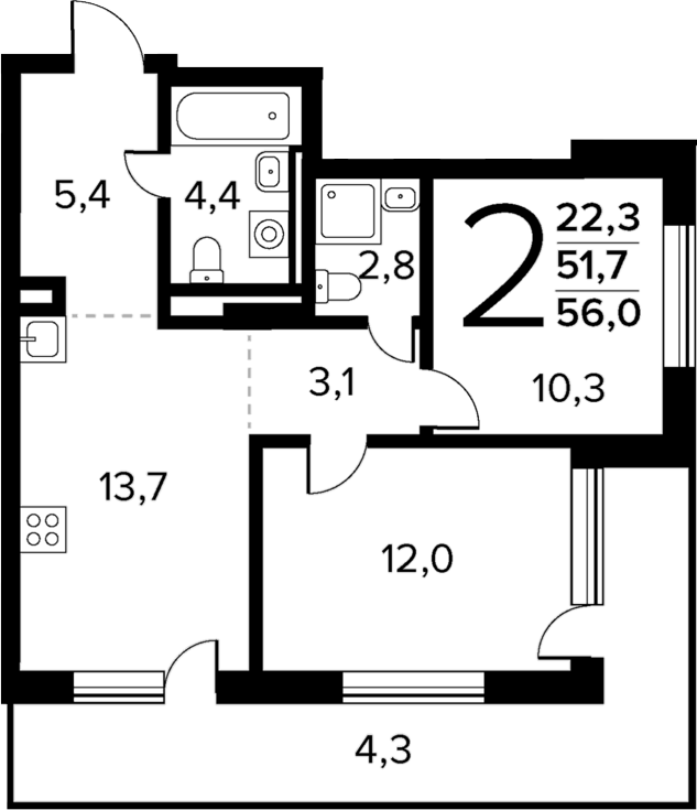 Планировка — Новые Ватутинки Квартал у реки, 2-комн., 52 м²