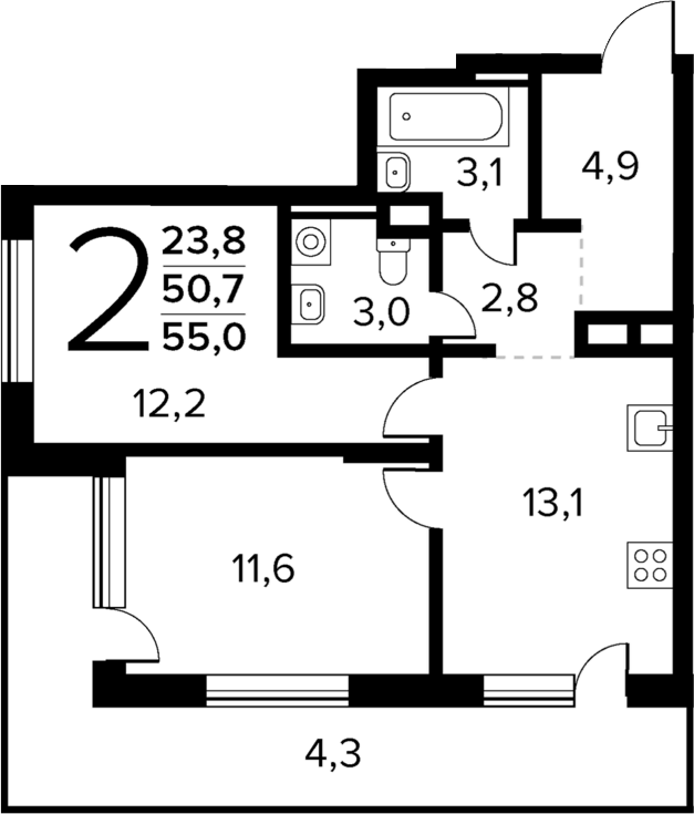 Планировка — Новые Ватутинки Квартал у реки, 2-комн., 51 м²