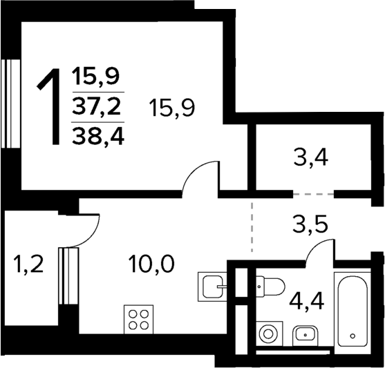 Планировка — Новые Ватутинки Квартал у реки, 1-комн., 37 м²