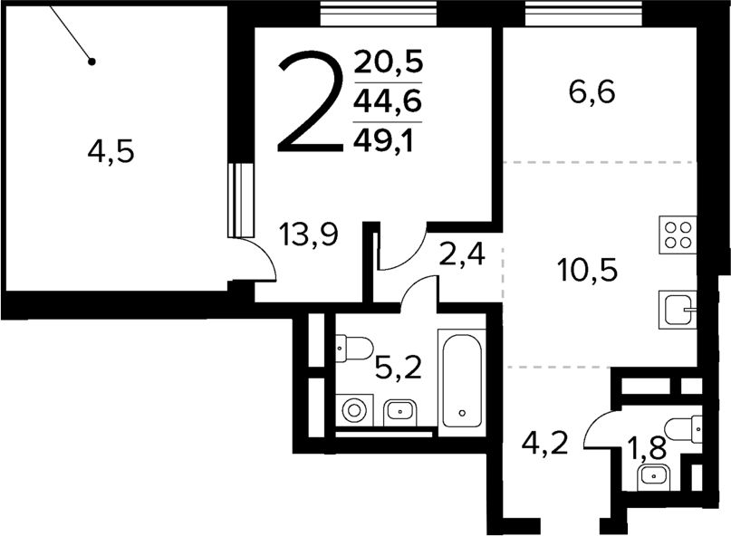 Планировка — Новые Ватутинки Квартал у реки, 2-комн., 45 м²