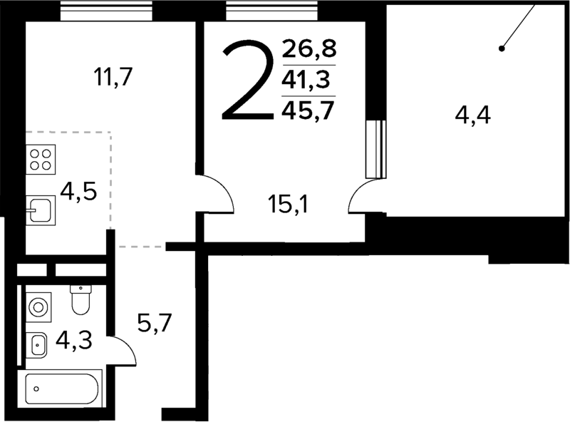 Планировка — Новые Ватутинки Квартал у реки, 2-комн., 41 м²