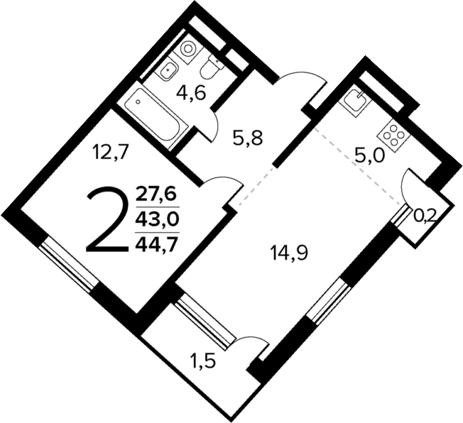 Планировка — Новые Ватутинки Квартал у реки, 2-комн., 43 м²