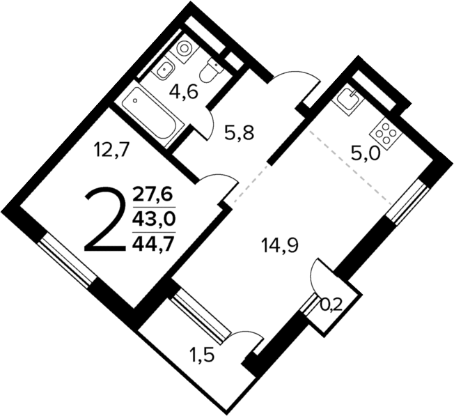 Планировка — Новые Ватутинки Квартал у реки, 2-комн., 43 м²