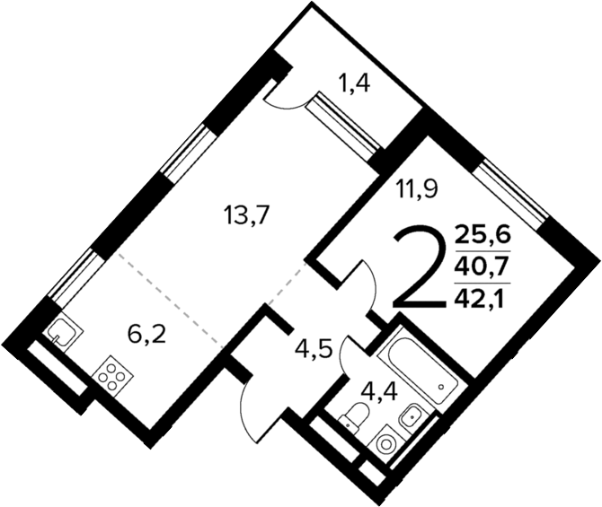 Планировка — Новые Ватутинки Квартал у реки, 2-комн., 41 м²