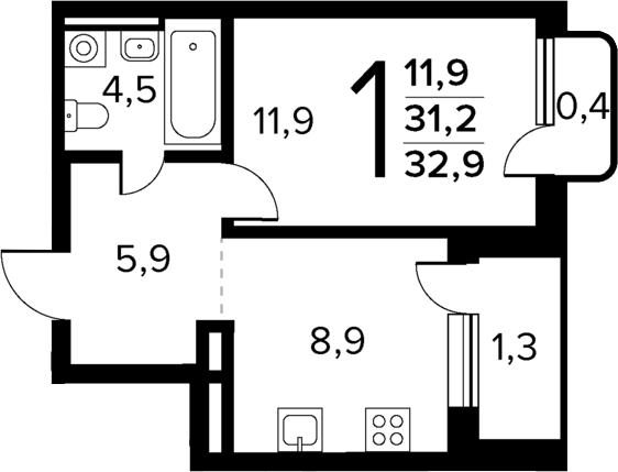 Планировка — Новые Ватутинки Квартал у реки, 1-комн., 31 м²