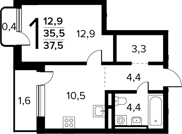 Планировка — Новые Ватутинки Квартал у реки, 2-комн., 36 м²