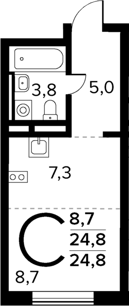 Планировка — Новые Ватутинки Квартал у реки, Студия, 25 м²