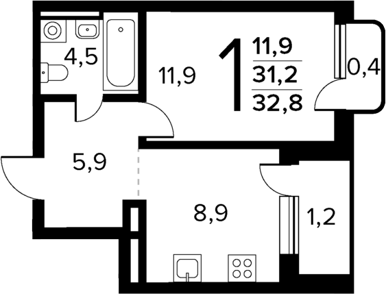 Планировка — Новые Ватутинки Квартал у реки, 1-комн., 31 м²