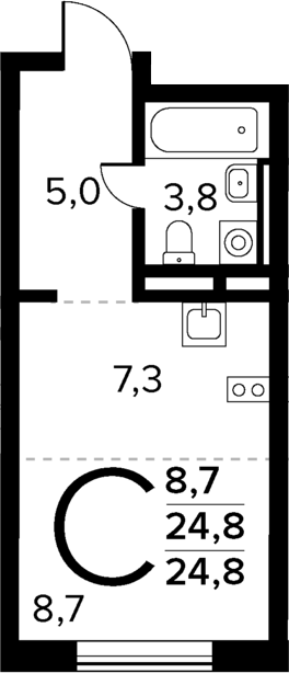 Планировка — Новые Ватутинки Квартал у реки, Студия, 25 м²