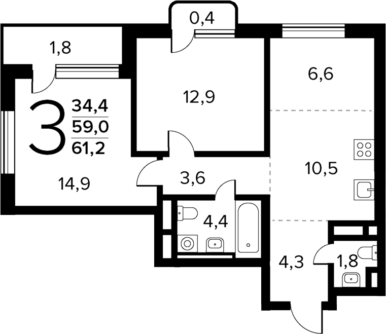 Планировка — Новые Ватутинки Квартал у реки, 3-комн., 59 м²