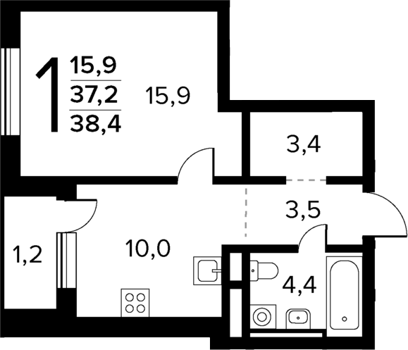 Планировка — Новые Ватутинки Квартал у реки, 2-комн., 37 м²