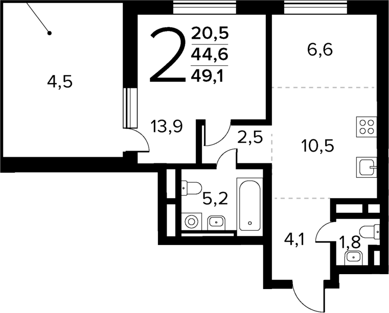 Планировка — Новые Ватутинки Квартал у реки, 2-комн., 45 м²