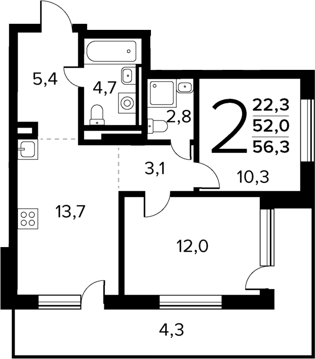 Планировка — Новые Ватутинки Квартал у реки, 2-комн., 52 м²