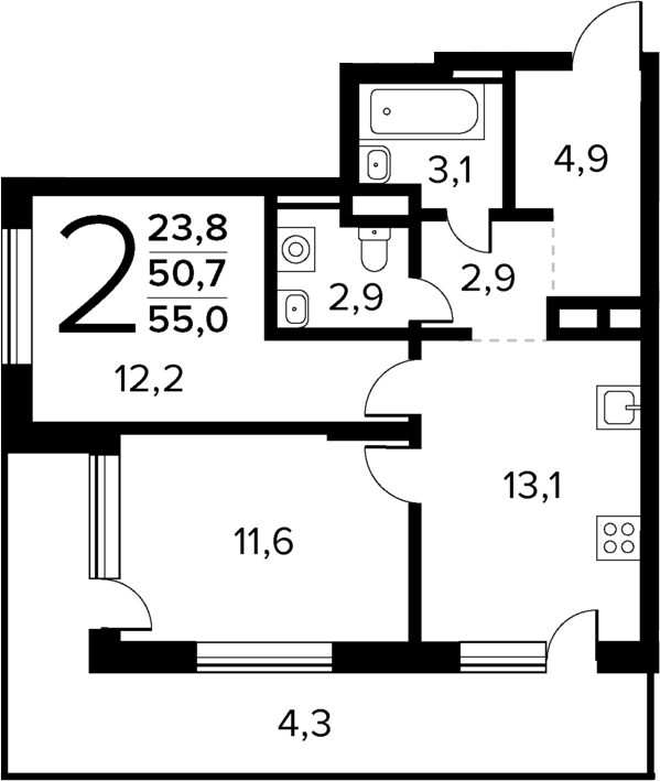 Планировка — Новые Ватутинки Квартал у реки, 2-комн., 51 м²