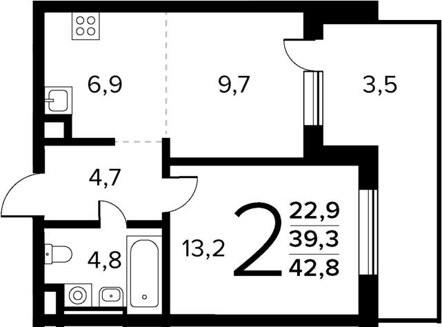 Планировка — Новые Ватутинки Квартал у реки, 2-комн., 39 м²