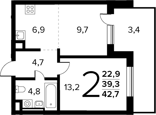 Планировка — Новые Ватутинки Квартал у реки, 2-комн., 39 м²