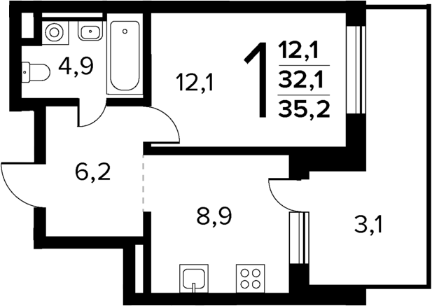 Планировка — Новые Ватутинки Квартал у реки, 1-комн., 32 м²