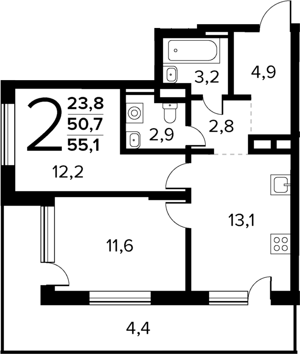 Планировка — Новые Ватутинки Квартал у реки, 2-комн., 51 м²