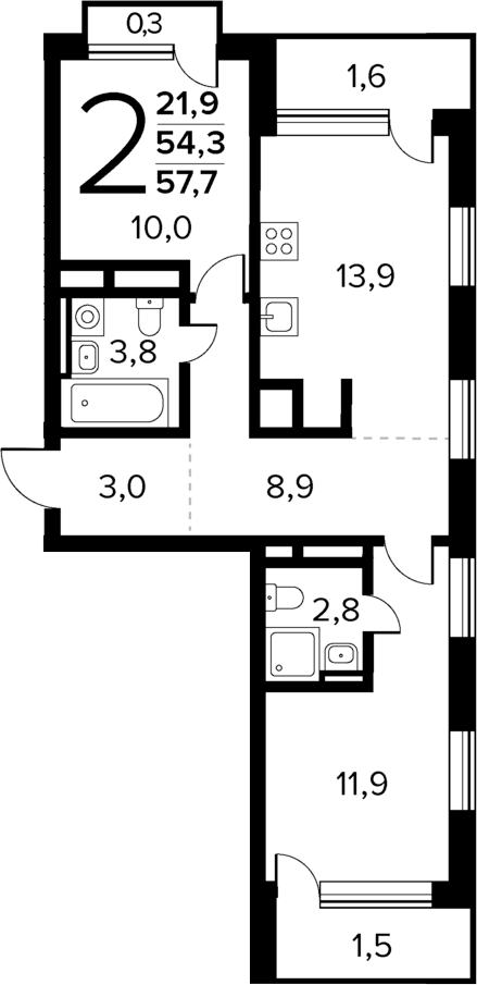 Планировка — Новые Ватутинки Квартал у реки, 2-комн., 54 м²