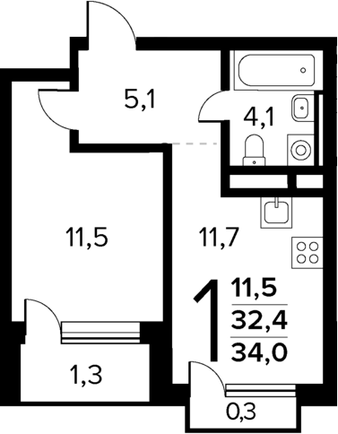 Планировка — Новые Ватутинки Квартал у реки, 1-комн., 32 м²