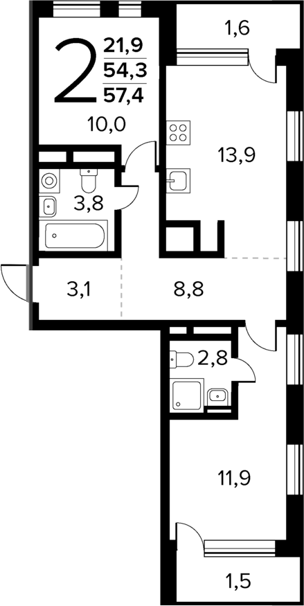 Планировка — Новые Ватутинки Квартал у реки, 2-комн., 54 м²