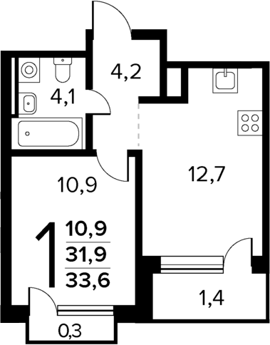 Планировка — Новые Ватутинки Квартал у реки, 1-комн., 32 м²